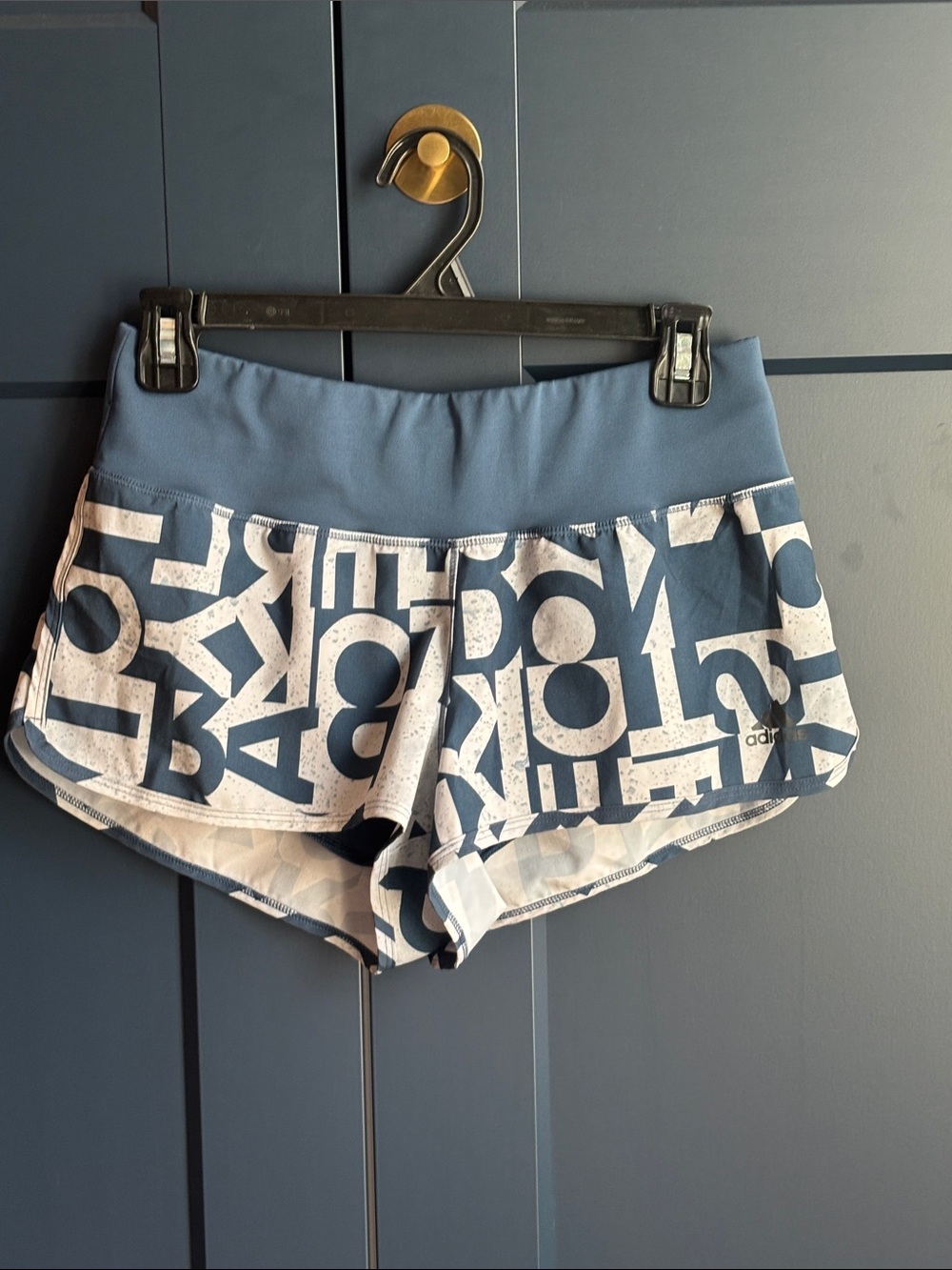 Adidas Women's Blue and White Graphic Athletic Shorts